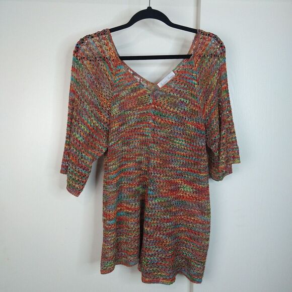 Fashion Avenue Tops - Fashion Avenue Open Knit Crochet V Neck Short Sleeve Cover-up Top Sz XL Rainbow